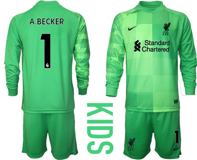 Youth 2021-2022 Club Liverpool green goalkeeper long sleeve #1 Soccer Jersey->youth soccer jersey->Youth Jersey